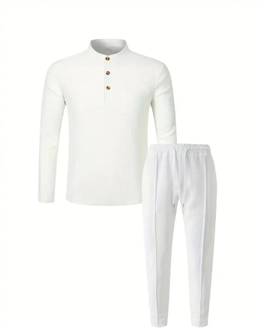 Conjunto Casual de Pantalón y Camiseta Henley Texturizada de Manga Larga para Hombre - Image 26