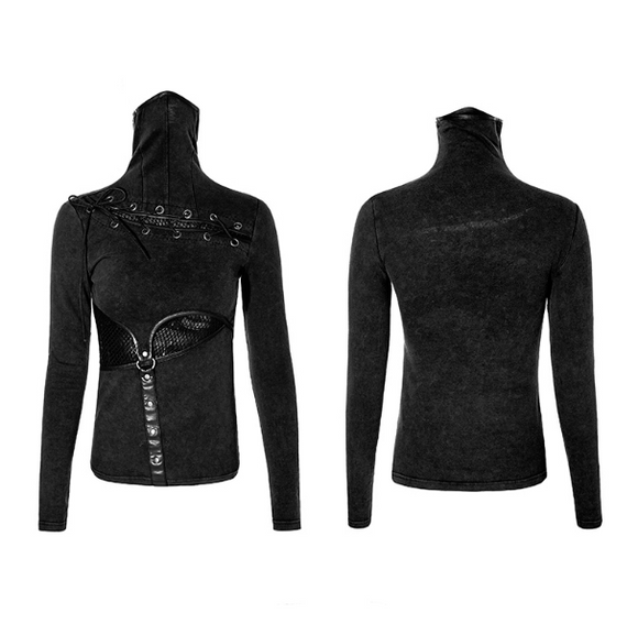 Camiseta Steampunk de Manga Larga con Cuello de Red Bicolor T432