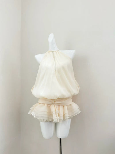 Conjunto Elegante con Blusa Beige Ajustada y Falda Burbuja de Cintura Ceñida - Image 6