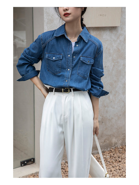 Camisa Denim Retro Azul - Prenda Versátil de Manga Larga - Image 21