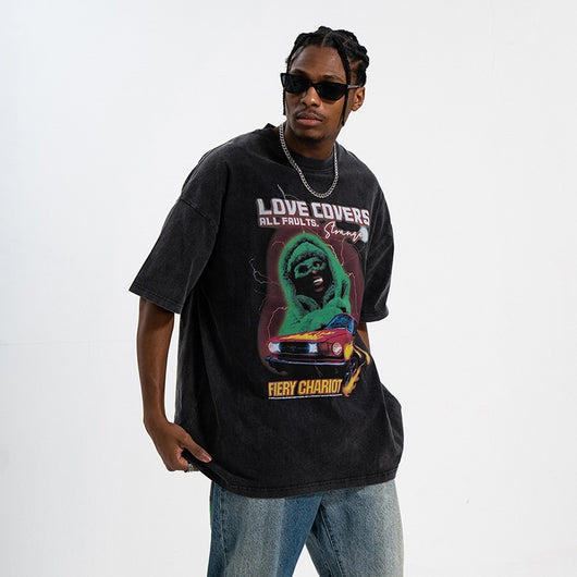 Camiseta Retro Suelta con Estampado Urbano para Hombre - Image 6