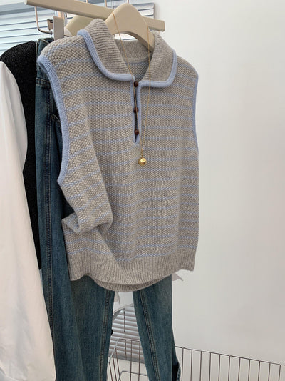 Chaleco Tejido a Rayas Azul y Blanco - Estilo Coreano Casual para Otoño - Image 12