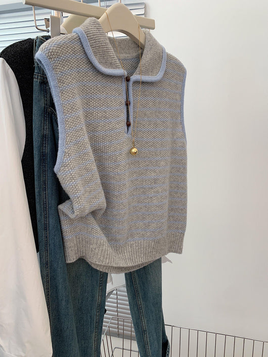 Chaleco Tejido a Rayas Azul y Blanco - Estilo Coreano Casual para Otoño - Image 12