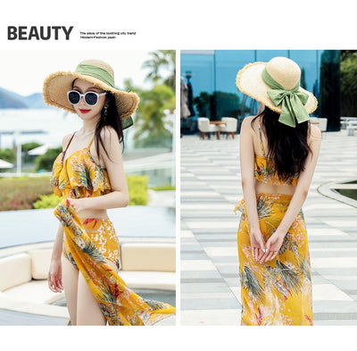 Pink tropical print three-piece women's swimwear set with ruffled bikini top, high-waisted bottoms, and matching sarong. - Image 27
