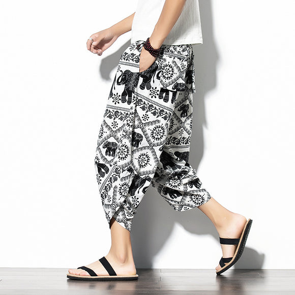 Pantalones Baggy de Algodón y Lino con Estampado - Corte Suelto y Cómodo