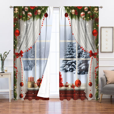 Christmas curtain with a snowy village scene, Santa Claus, flying reindeer, and piles of wrapped gifts. - Image 28