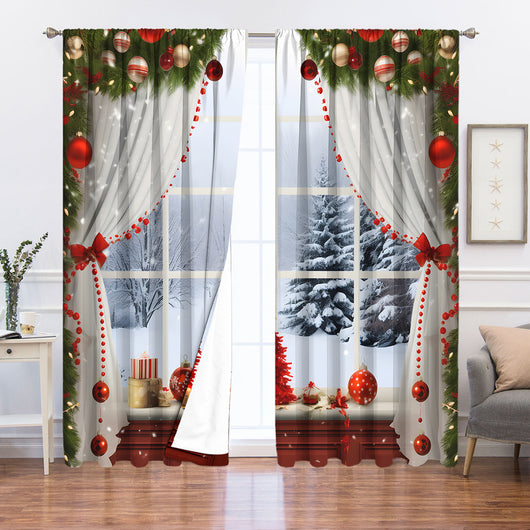 Christmas curtain with a snowy village scene, Santa Claus, flying reindeer, and piles of wrapped gifts. - Image 28