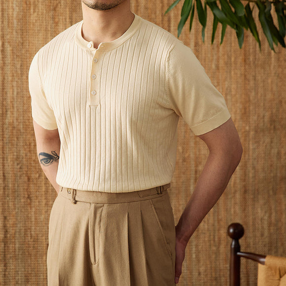 Camiseta de Manga Corta Tencel Algodón con Rayas Hundidas para Hombre