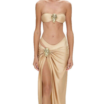 White satin three-piece bikini set with strapless top, high-waisted bottom, and sarong skirt, featuring gold shell details. - Image 5