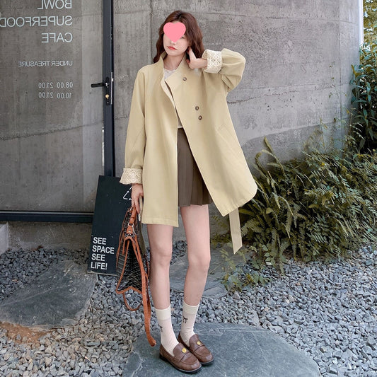 Cortavientos Khaki Cuello Mao para Mujer - Estilo Británico Otoño