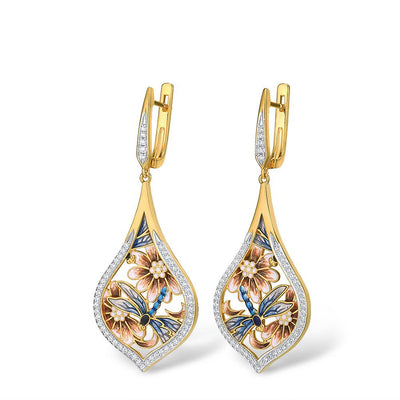 Aretes de Diamantes Completos con Diseño Floral Goteo Artesanal