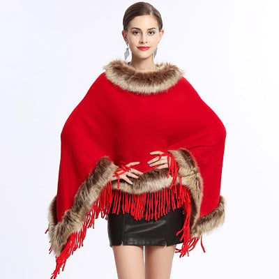 Poncho Tejido con Cuello de Piel Sintética de Zorro y Borlas - Image 6