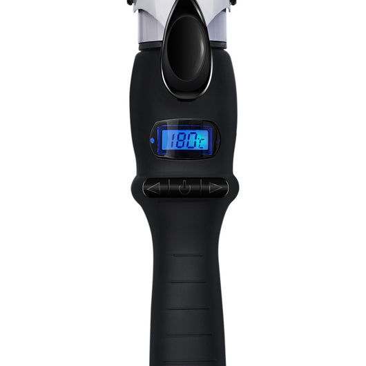 Two AUX curling irons, one black and one white, with ceramic glaze barrels and black handles, on a reflective surface. - Image 4