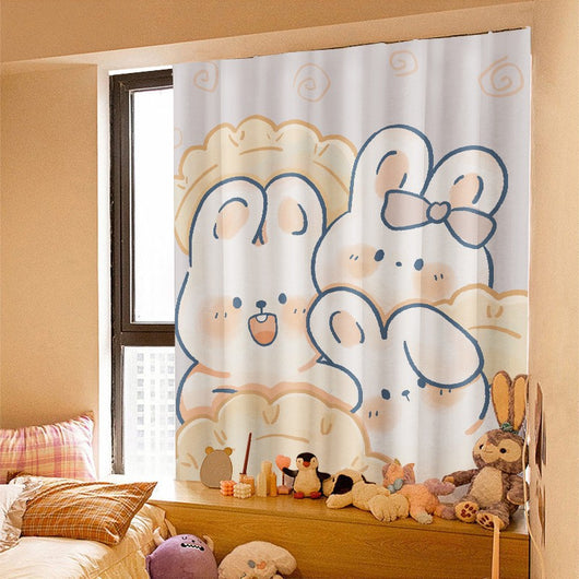 Printed Velcro cabinet curtain with a cartoon oil painting of white and yellow tulips under a light blue sky with clouds and a crescent moon. - Image 8