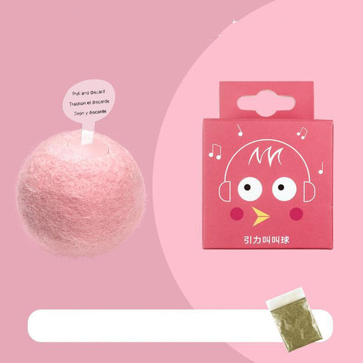 Pink pet gravity voice ball with a pull tab, packaged in a pink box with a cartoon bird design and musical notes. Includes a small bag of catnip. - Image 3