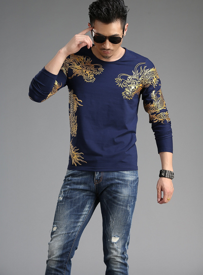 Playera Manga Larga Cuello Redondo Estilo Chino Dragón 3D Slim Fit - Image 12