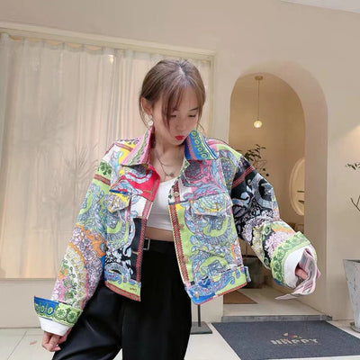 Chaqueta Denim Cardigan con Estampado de Colores y Solapa - Image 11