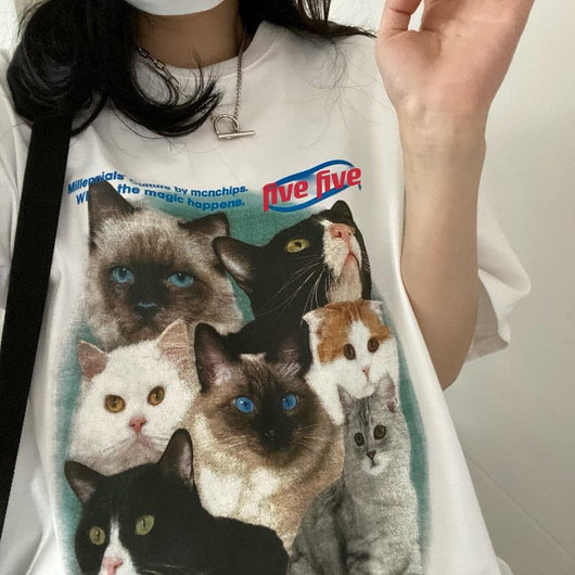 Playera Coreana de Manga Corta para Mujer con Estampado de Gato - Image 9