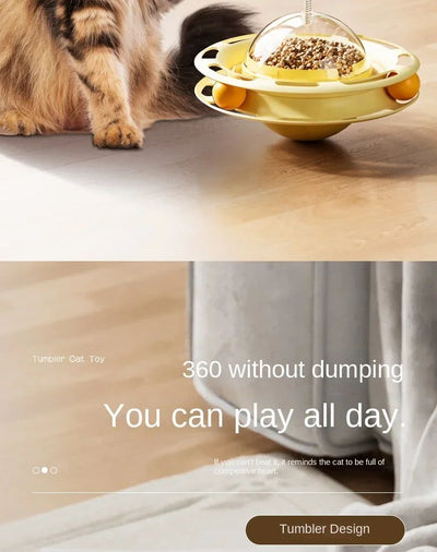 Yellow UFO tumbler cat toy with rolling balls, a clear dome, and a spring-mounted feather wand with a bell. - Image 21