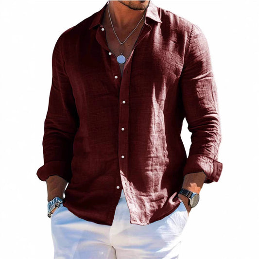 Camisa de Playa Manga Larga con Solapa - Diseño Liso Masculino