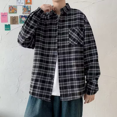 Camisa de Cuadros Negra Suelta y Casual de Manga Larga para Hombre - Image 5