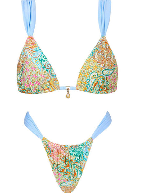 Halterneck two-piece swimsuit with a vibrant paisley print in blue, green, orange, and pink, featuring light blue straps. - Image 9