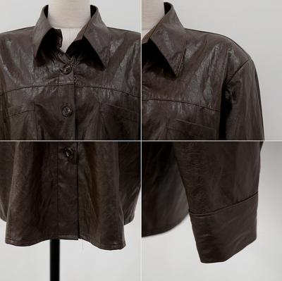 Camisa de Cuero Manga Larga Color Sólido Estilo Coreano - Image 11
