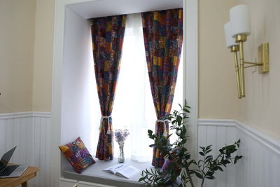 Bohemian retro style cotton linen curtains with a vibrant geometric patchwork pattern, one tied back with a rope. - Image 12