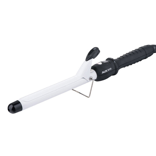 Two AUX curling irons, one black and one white, with ceramic glaze barrels and black handles, on a reflective surface. - Image 2