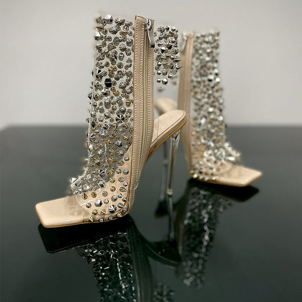 Sandalias de Tacón Stiletto Transparente con Remaches y Cremallera
