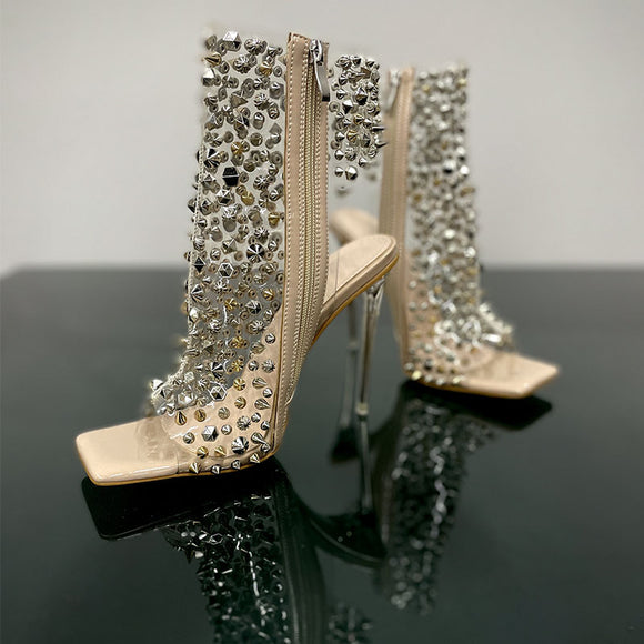 Sandalias de Tacón Stiletto Transparente con Remaches y Cremallera