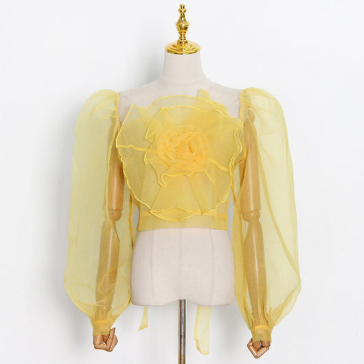 Blusa Cuello Redondo con Mangas Abullonadas y Flores en Relieve - Image 13