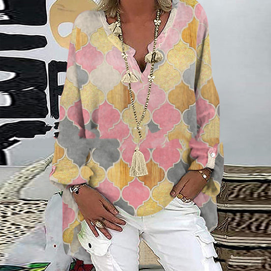 Blusa Casual para Mujer con Estampado Geométrico a Cuadros - Image 2