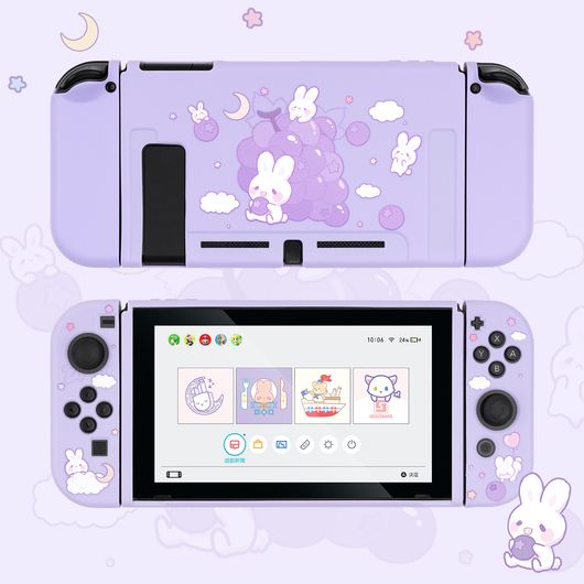 Pink protective case for Nintendo Switch with cute white rabbit and cloud pattern, covering console and Joy-Cons. - Image 4