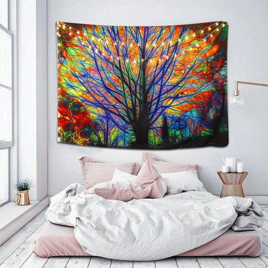 Colorful tree forest tapestry with vibrant abstract art and string lights, hung above a bed with blue bedding. - Image 2