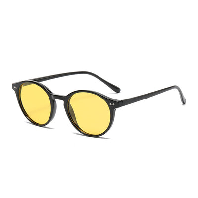 Round black full-rim sunglasses with vibrant blue polarized lenses, ideal for sun protection and fashion. - Image 13