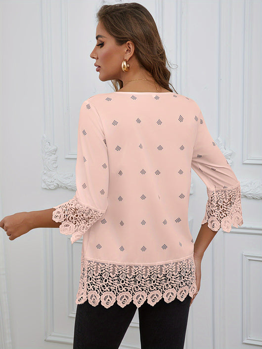 Blusa de Encaje Combinado con Mangas Tres Cuartos - Image 4