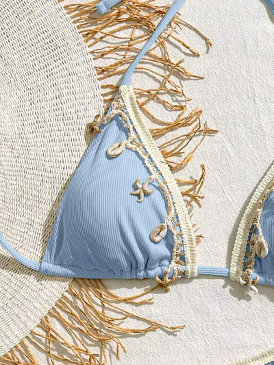 Light pink ribbed halterneck bikini with triangle cups and tie-side bottom, adorned with shell and starfish charms. - Image 20