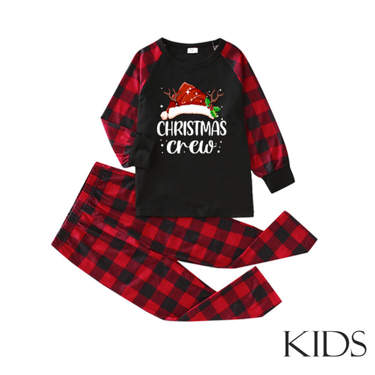 Kids' Christmas pajama set with a black "Christmas Crew" top and red and black buffalo plaid pants. - Image 11