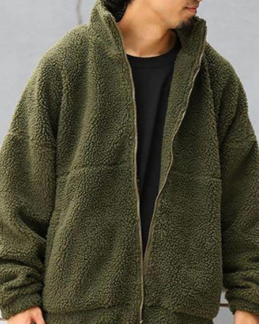 Cardigan de Terciopelo de Cordero Liso con Cuello Mao para Hombre