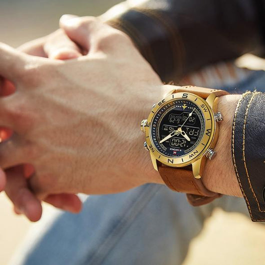 Reloj Deportivo Militar NAVIFORCE 9144 - Analógico Digital Dorado con Correa de Cuero - Image 3