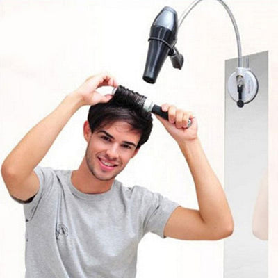 Hands-free hair dryer holder with a flexible silver gooseneck arm and a black suction cup base, holding a black hair dryer. - Image 5