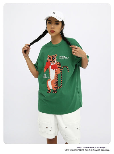 Camiseta Suelta Estampado Anime Tigre Manga Corta Unisex - Image 10