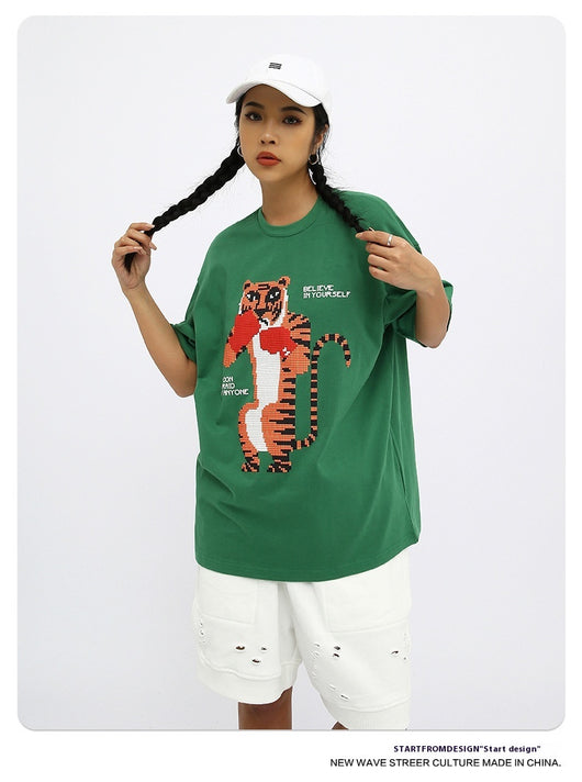 Camiseta Suelta Estampado Anime Tigre Manga Corta Unisex - Image 10