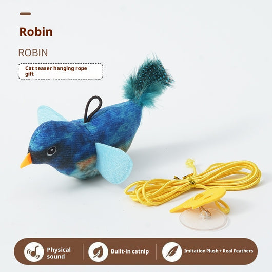 Plush bird cat toy with orange chest, grey body, feathered tail, and an elastic string for interactive play. - Image 11