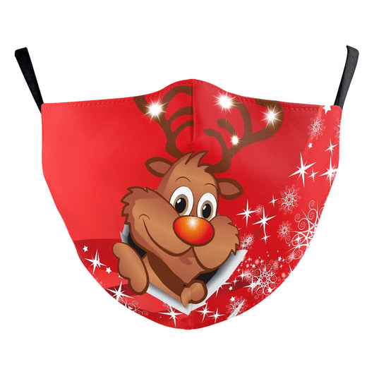 Red dust mask with a cartoon reindeer peeking out, surrounded by white snowflakes and sparkling stars. - Image 11