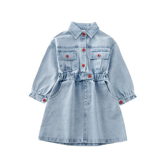 Vestido Denim Estilo Coreano con Detalles Militares para Niña