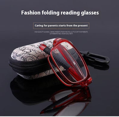 Two pairs of folding anti-blue light reading glasses, one brown and one black, partially folded on a white surface. - Image 15