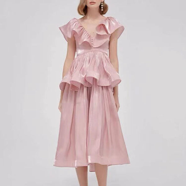 Vestido Midi con Costuras Irregulares y Cintura Definida