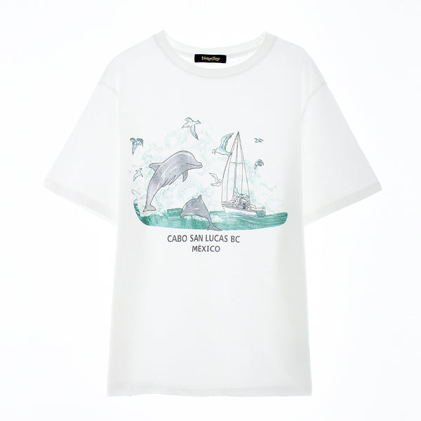 Camiseta Retro Blanca con Estampado para Mujer - Manga Corta Estilo Americano